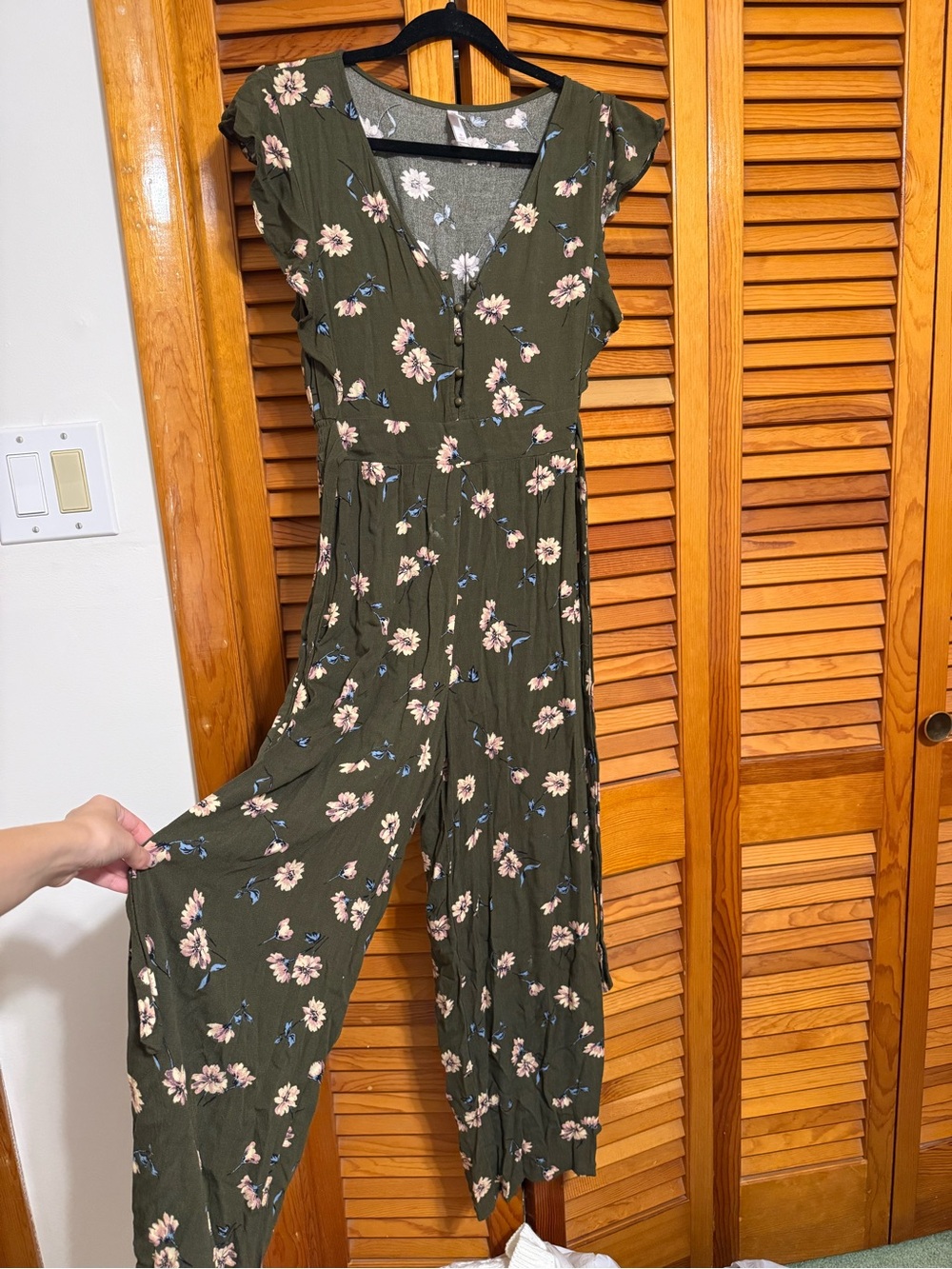 Xhilaration Olive Green Floral Jumpsuit with Flutter Sleeves